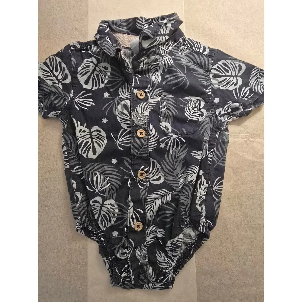 Carter's Baby Boy Tropical Leaf Button Down Bodysuit Navy Grey 18M